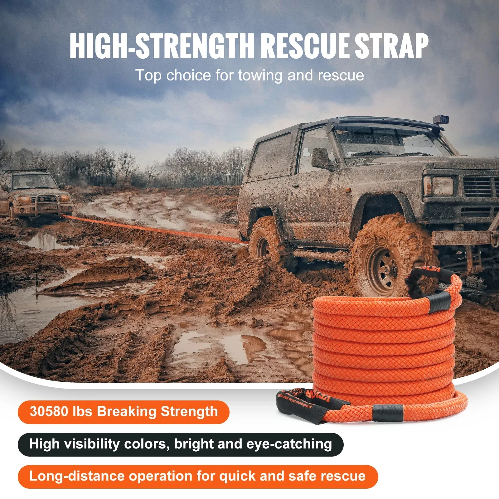 Heavy-Duty Tow Strap 20ft/30ft Recovery Rope for Off-Road Vehicles
