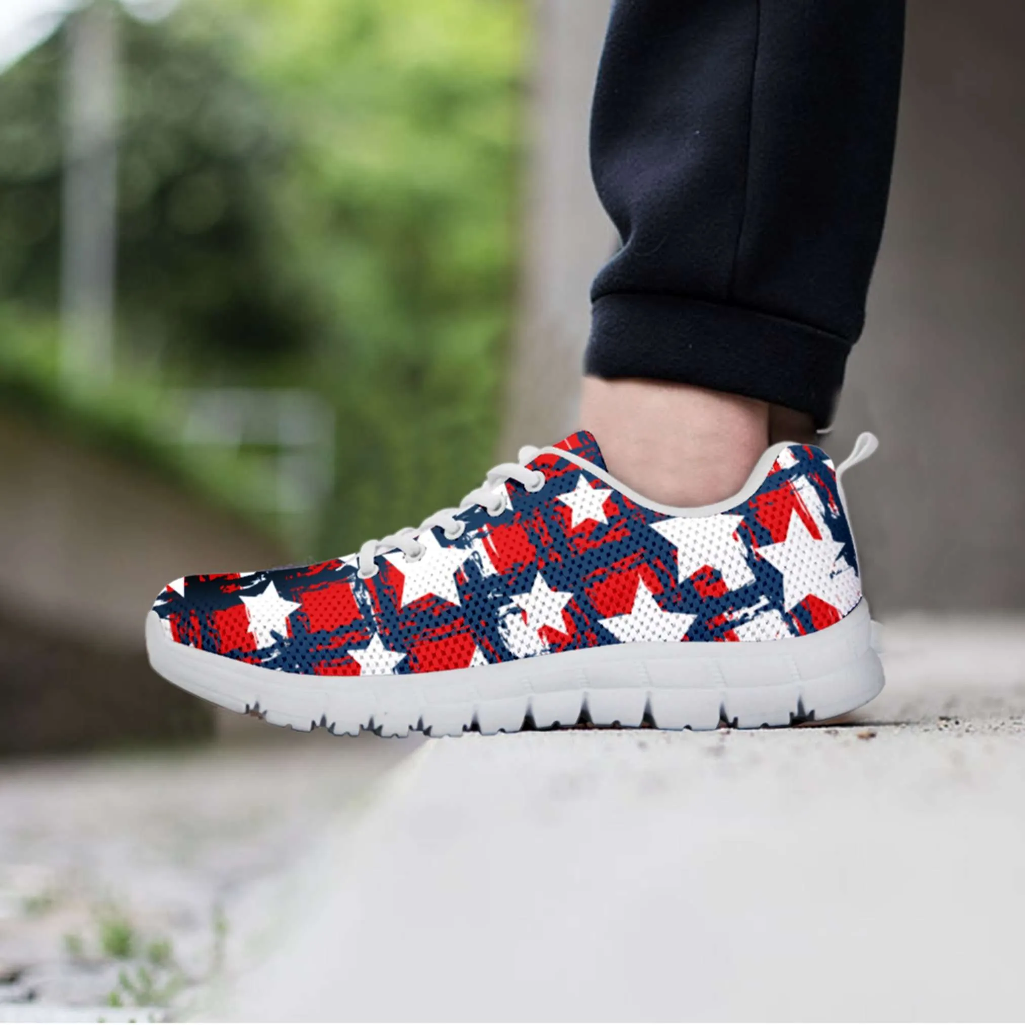 Patriotic USA Red White and Blue Plaid with Stars Running Shoes