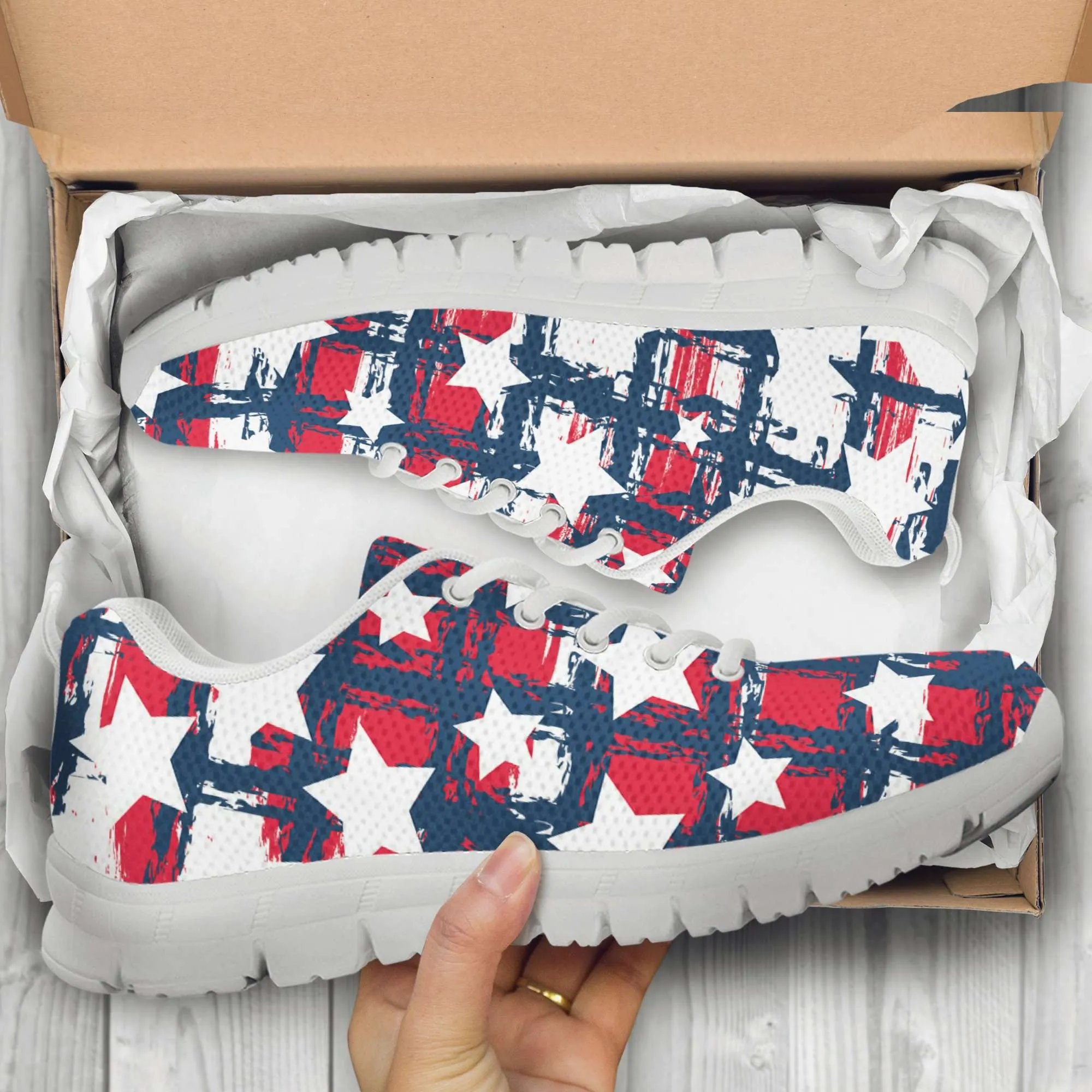 Patriotic USA Red White and Blue Plaid with Stars Running Shoes