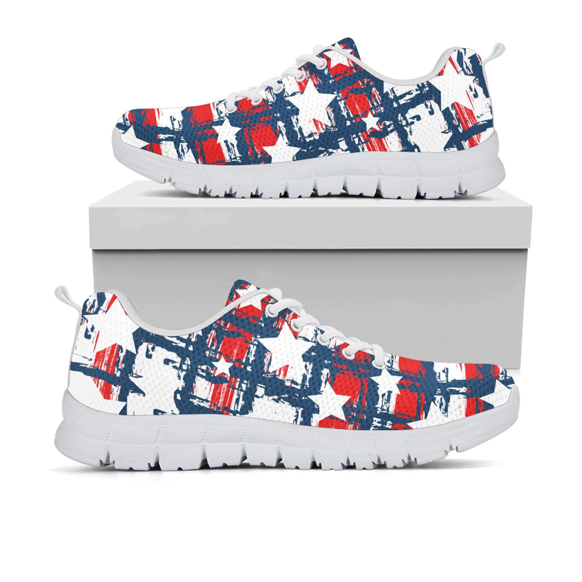 Patriotic USA Red White and Blue Plaid with Stars Running Shoes