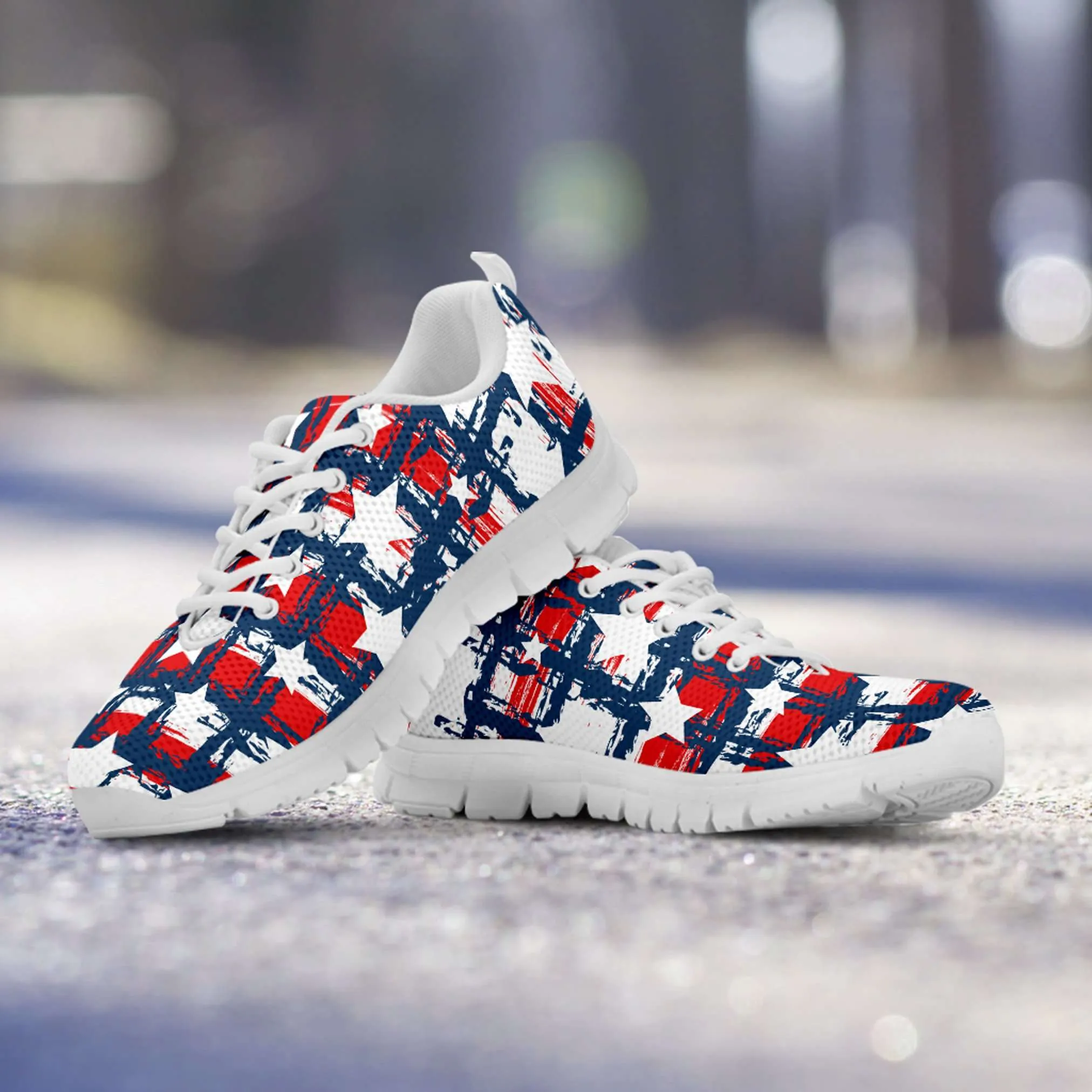Patriotic USA Red White and Blue Plaid with Stars Running Shoes